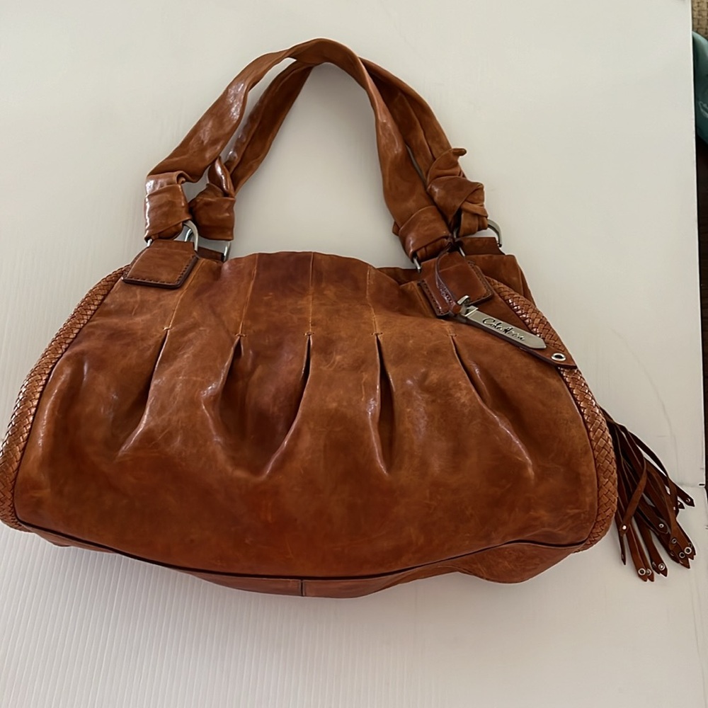 Vintage Cole Haan Phoebe British Tan Distressed Leather Triple Zip Satchel